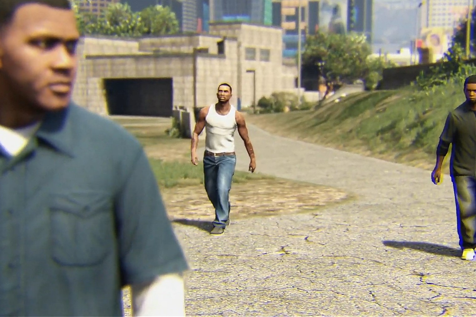 Franklin Clinton, Carl Johnson et Lamar Davis dans un clip réalisé à l'aide de GTA V