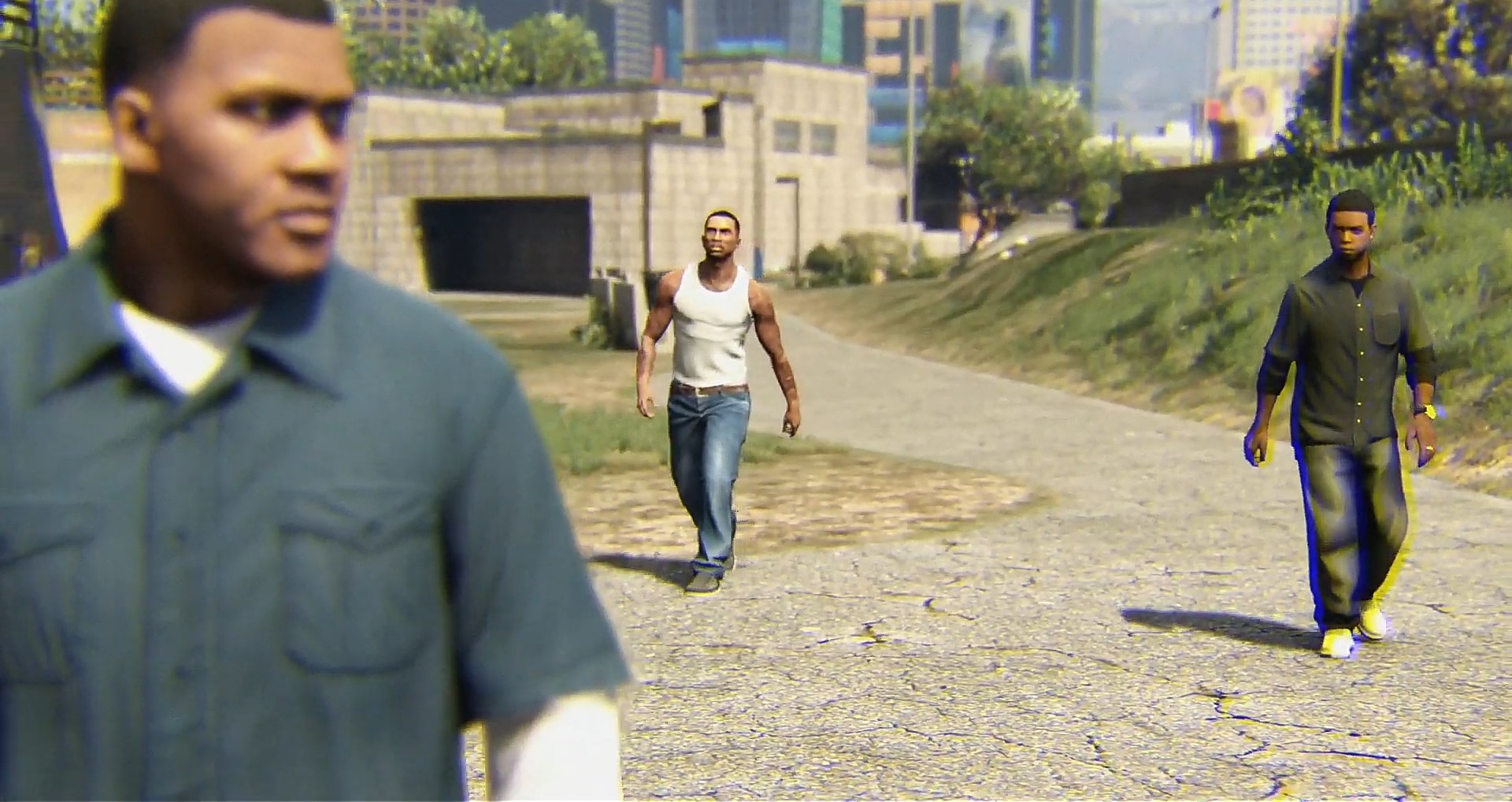 Franklin Clinton, Carl Johnson et Lamar Davis dans un clip réalisé à l'aide de GTA V