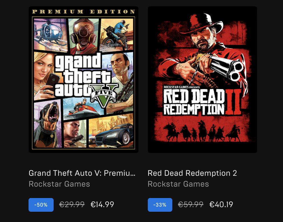 Promotion jeux Rockstar Epic Games Store