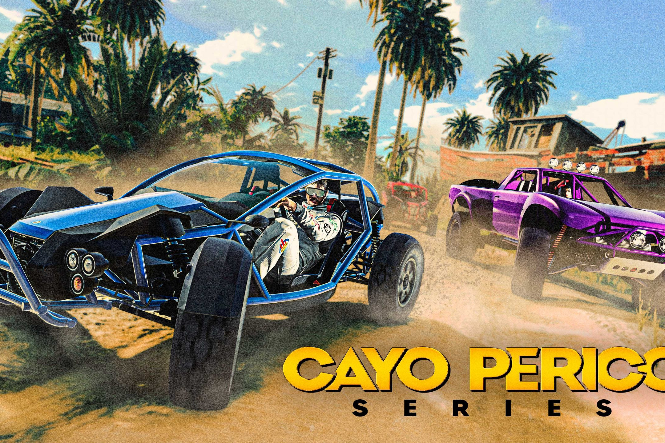 Une course dans l'île de Cayo Perico dont on voit deux véhicules de course dont le Declasse Draugur