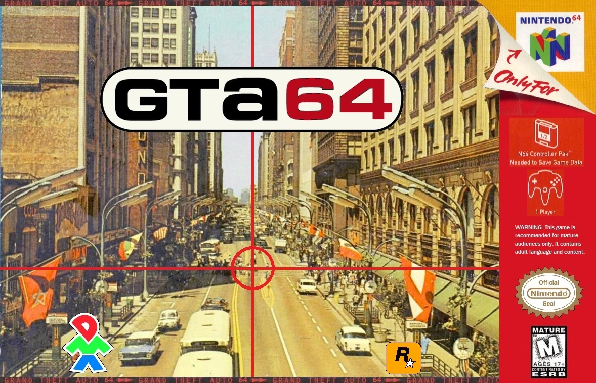 Image officielle de GTA 64 avec un viseur rouge sur le centre-ville