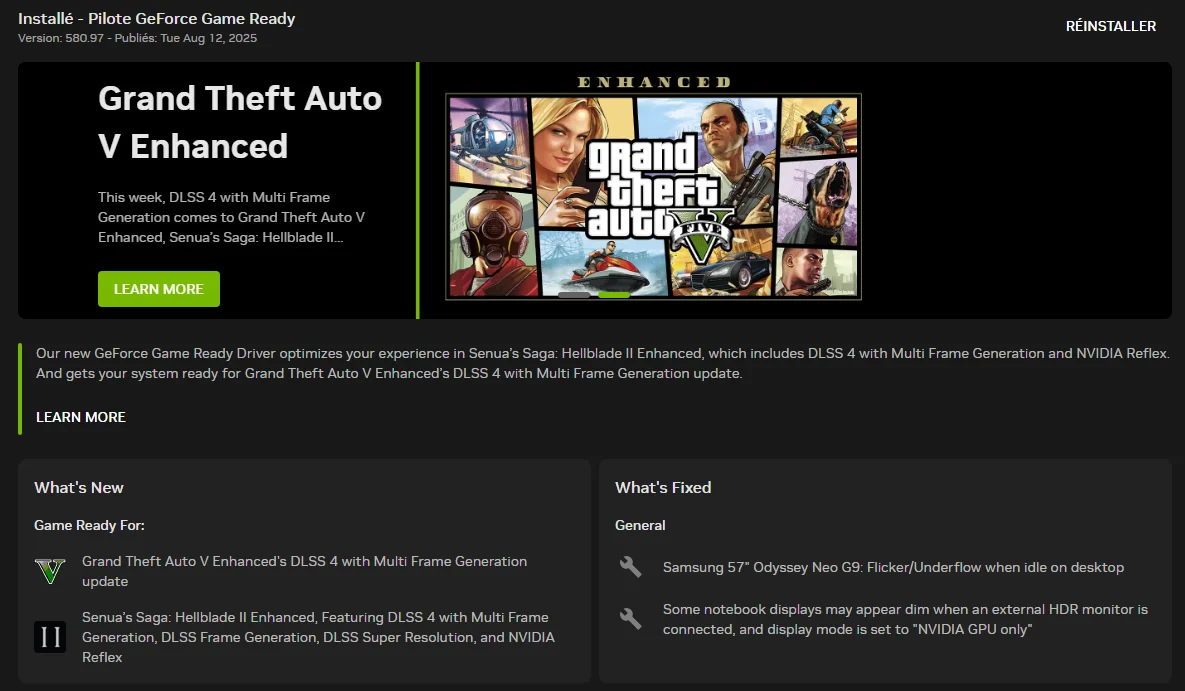 Capture de l'application Nvidia sur PC