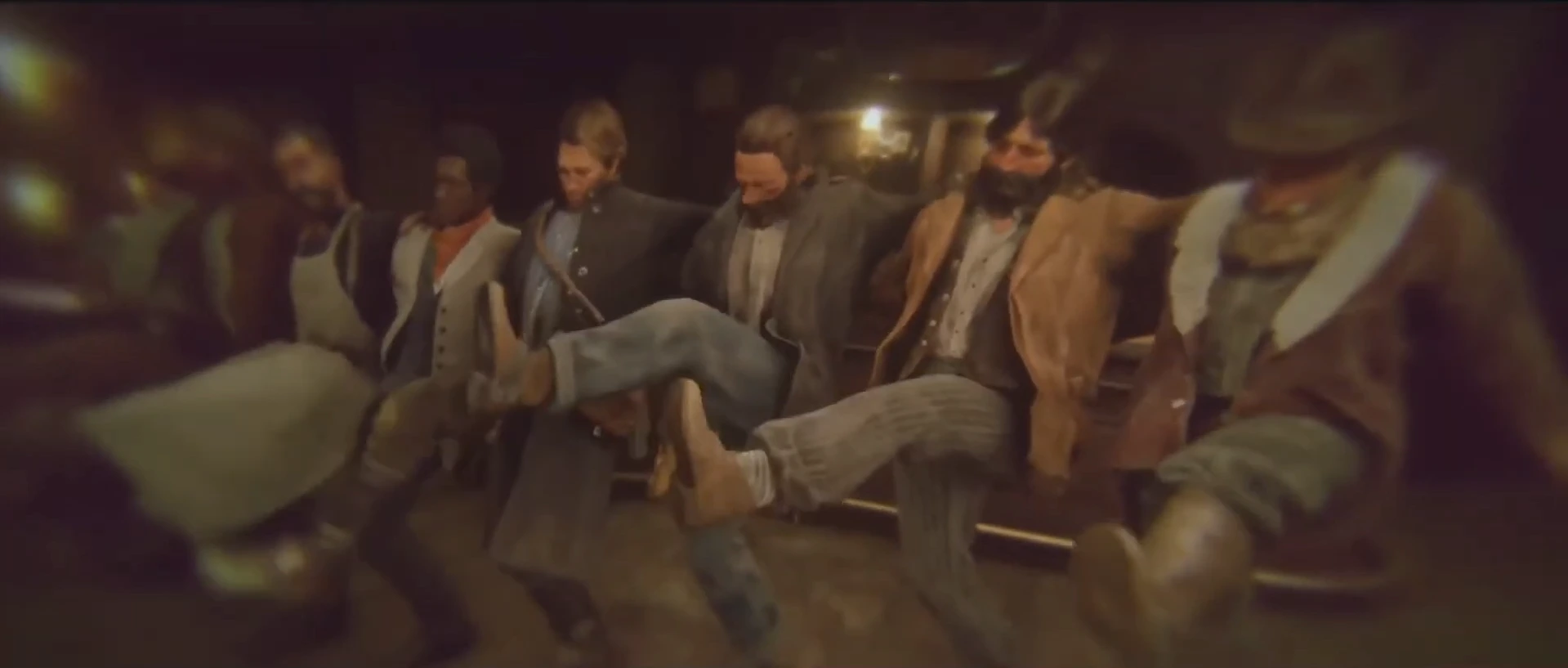 Capture d'écran lors de la mission « Une soirée tranquille » de Red Dead Redemption 2, qui a été reproduite en Lego