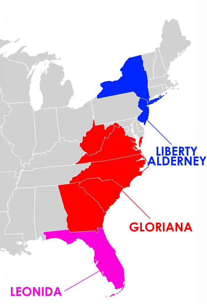 Carte de la côte est des Etats-unis avec les états représentatifs évoqués dans l'article, Gloriana est supposée © Rockstar Mag'