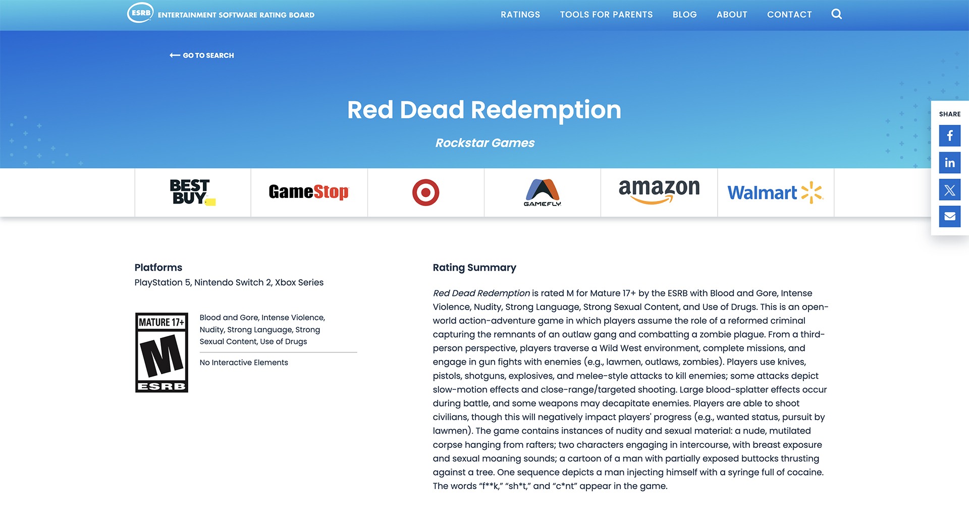 RDR ESRB PS5, Series, Switch 2