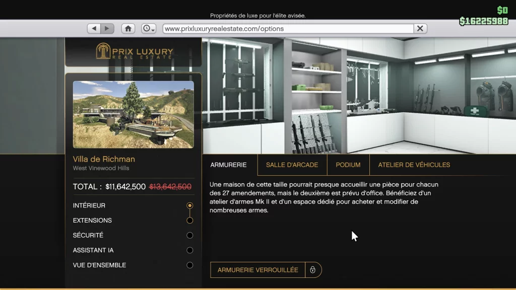 GTA Online intérieur manoir : le menu de personnalisation