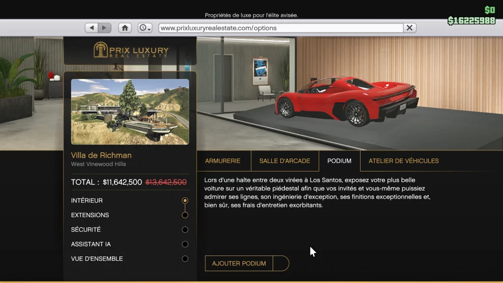 GTA Online intérieur manoir : le menu de personnalisation