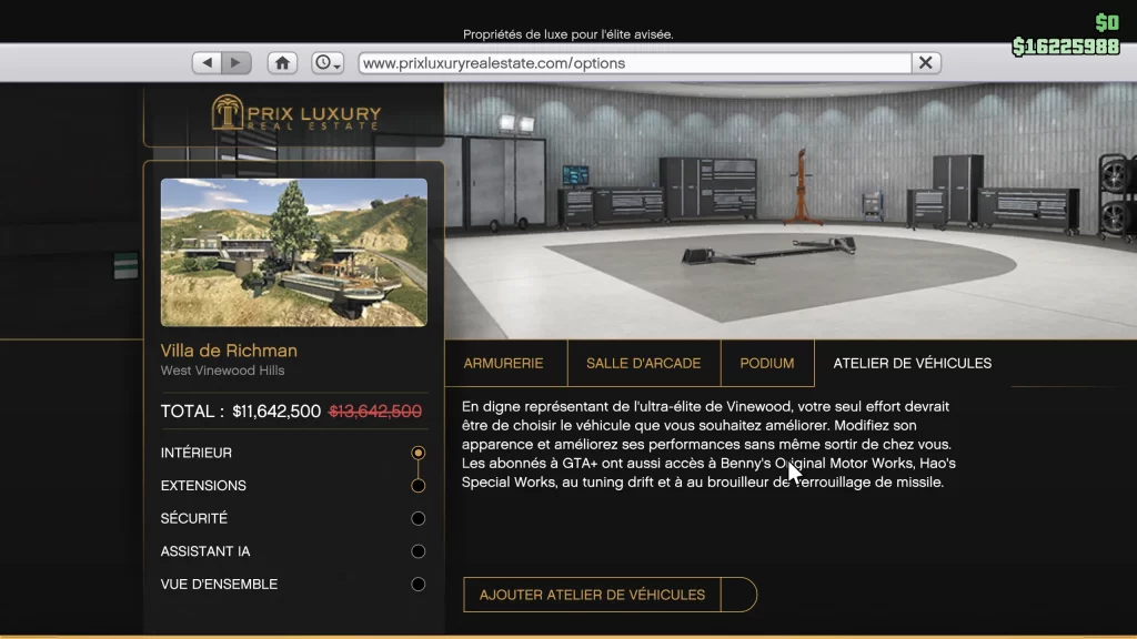 GTA Online intérieur manoir : le menu de personnalisation