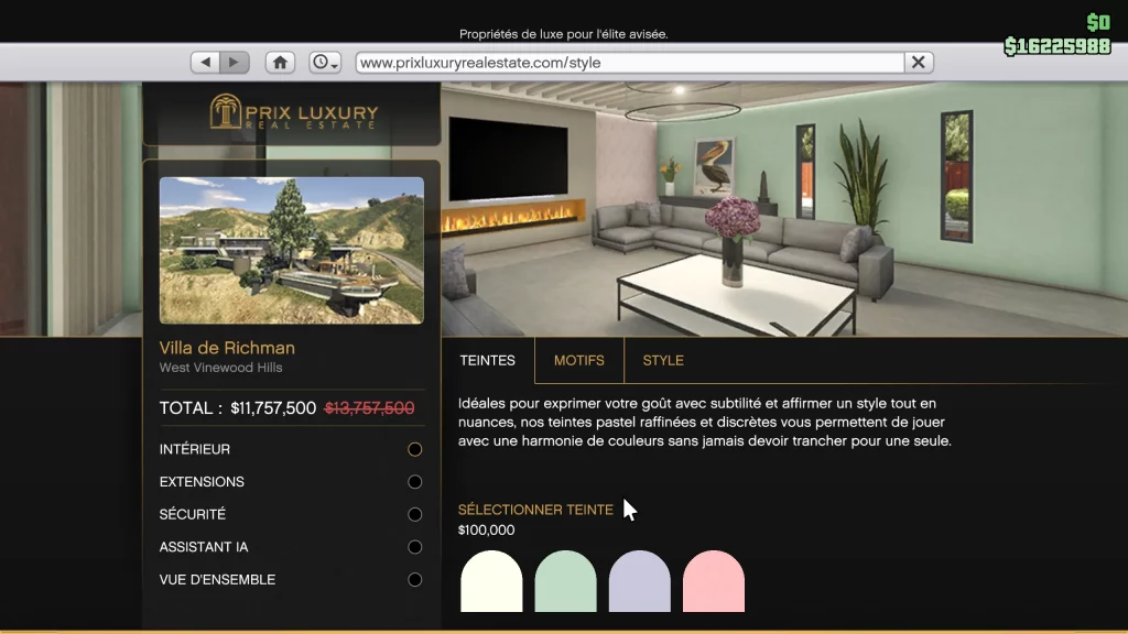 GTA Online intérieur manoir : le menu de personnalisation