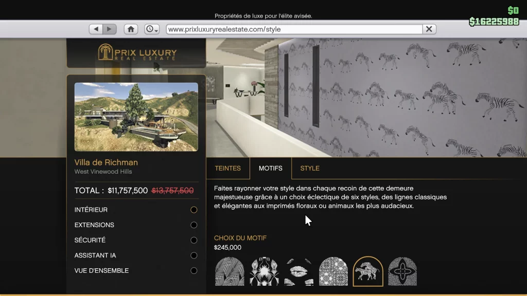 GTA Online intérieur manoir : le menu de personnalisation