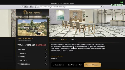 GTA Online intérieur manoir : le menu de personnalisation