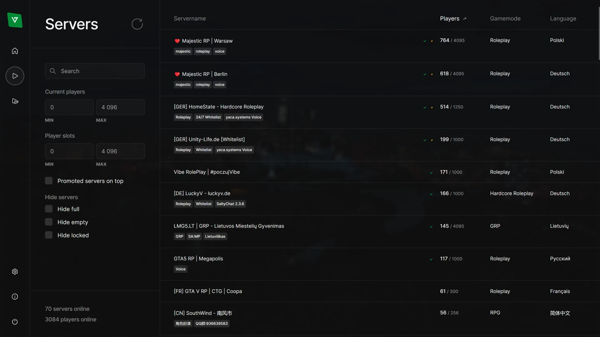 La liste des serveurs sur Alt:V