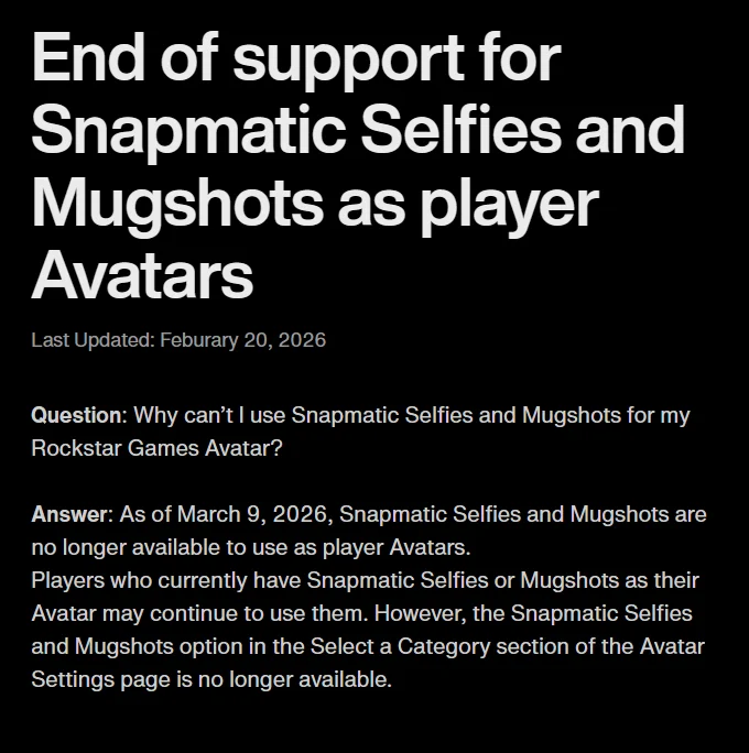 Communiqué officiel sur la fin du support des photos de profil Snapmatic © Rockstar Games