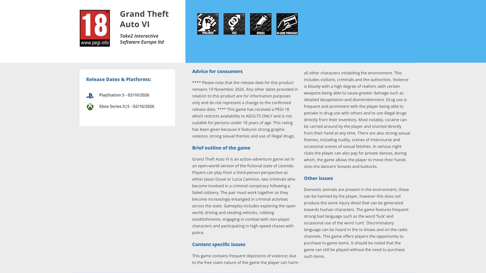 GTA 6 Classification PEGI